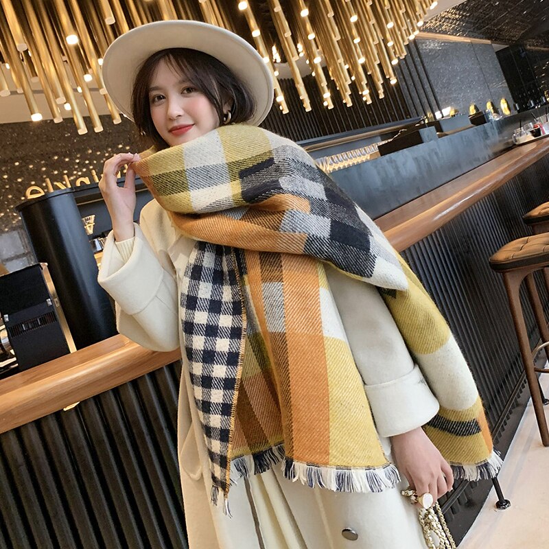 Nova chegada da moda outono inverno xadrez cachecol feminino quente de alta qualidade elegante bonito duplo lado fresco adorável vintage borla xale