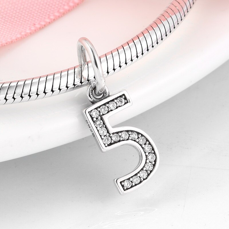 925 sterlingsølv digitalt lykkenummer 0 to 9 charme perler til smykker, der passer til originale armbånd sølvsmykker: Pd0090-5