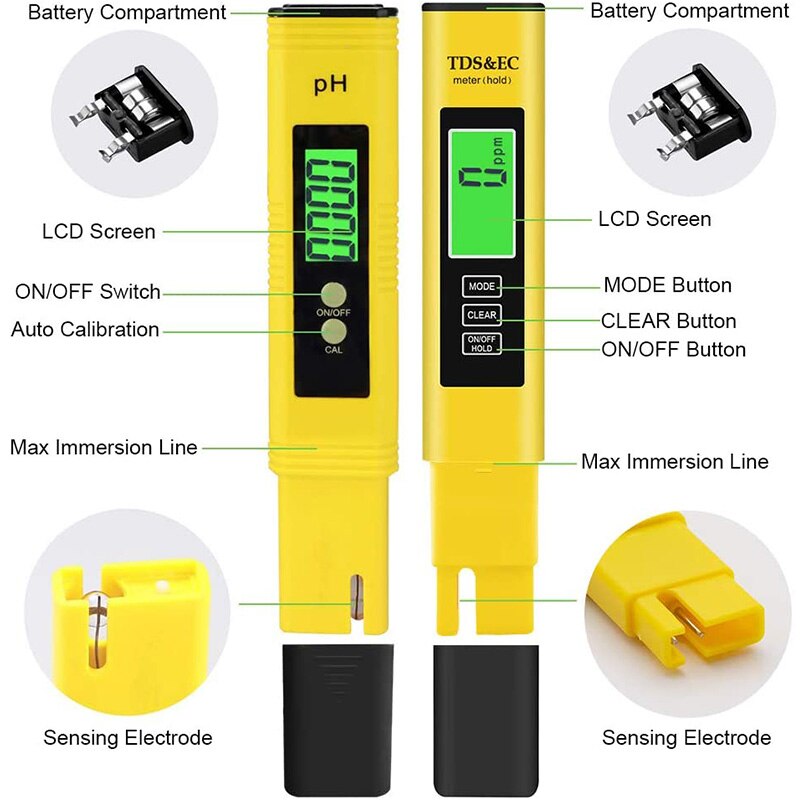 PH Meter Digital Water Test TDS PH EC Temperature 4 in 1 Set, LCD Sn Pen Auto Calibration