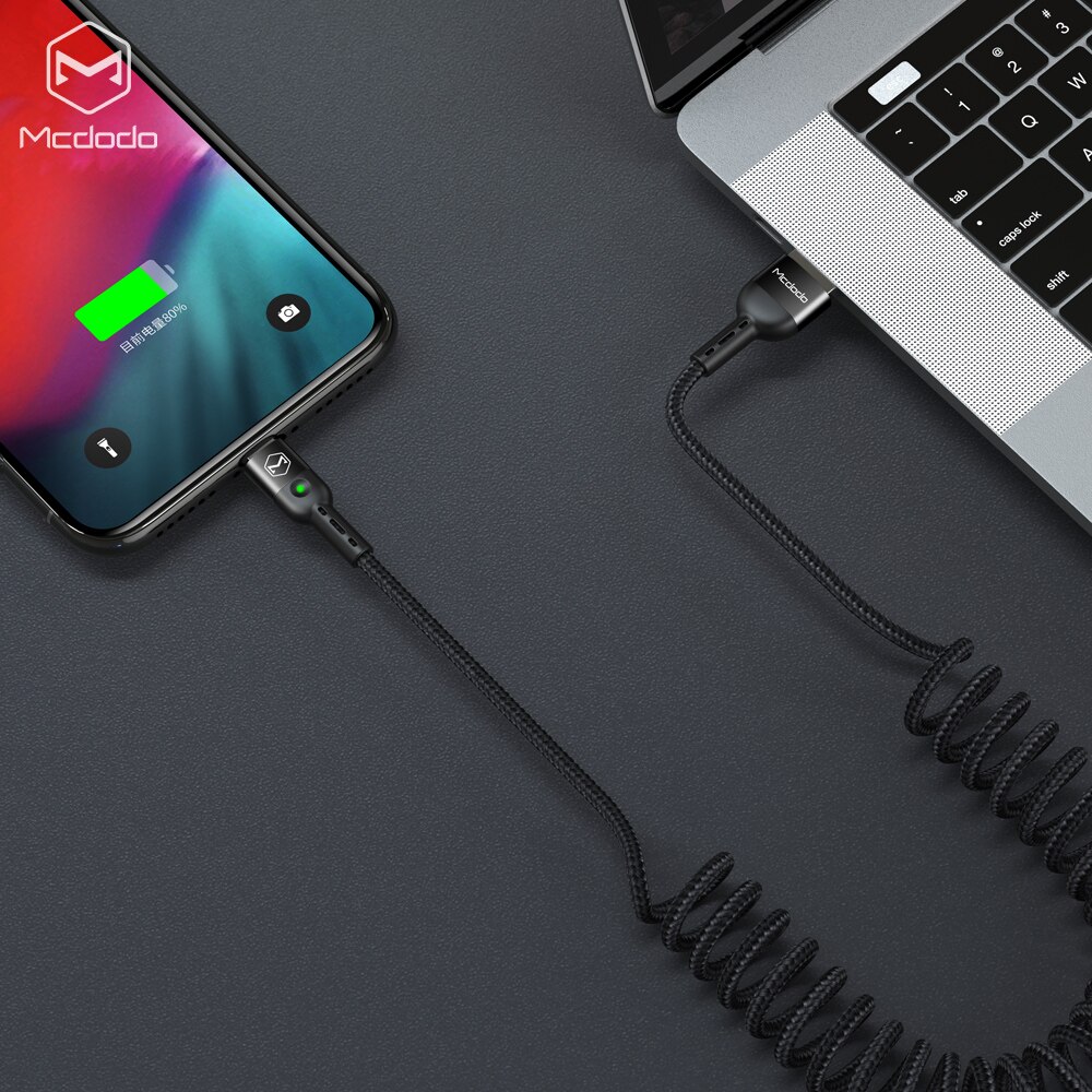 MCDODO usb for Iphone cases spring charging line, Type-C 3A power supply, support QC4.0 quick charging, easy to use in the car