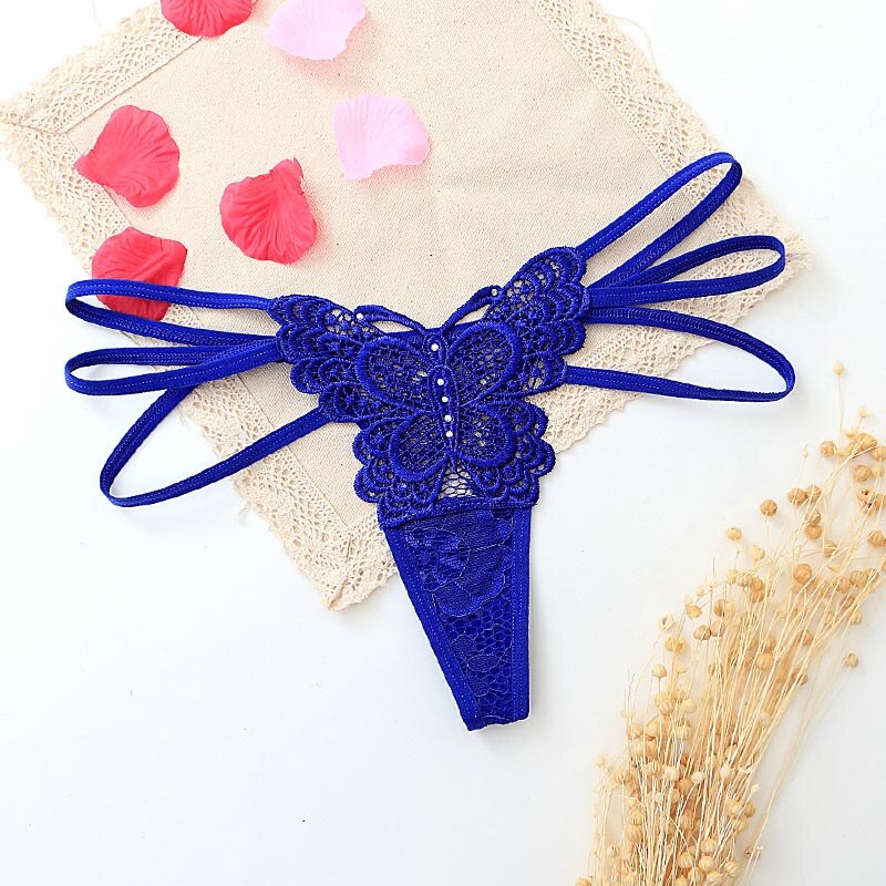 Underwear Women Panties Sexy Thong Female Perspective Lace G String Underwear Low Waist Thongs Lace Lingerie Bow Briefs pant: Blue