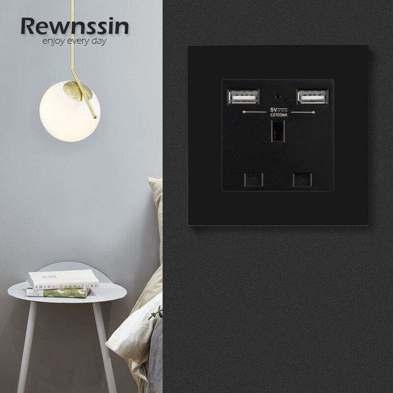 With Small Switch UK Standard Dual USB Outlet Port 5V 2.1A Wall Charger Adapter LED Indicator 13A Socket Black Plastic Panel