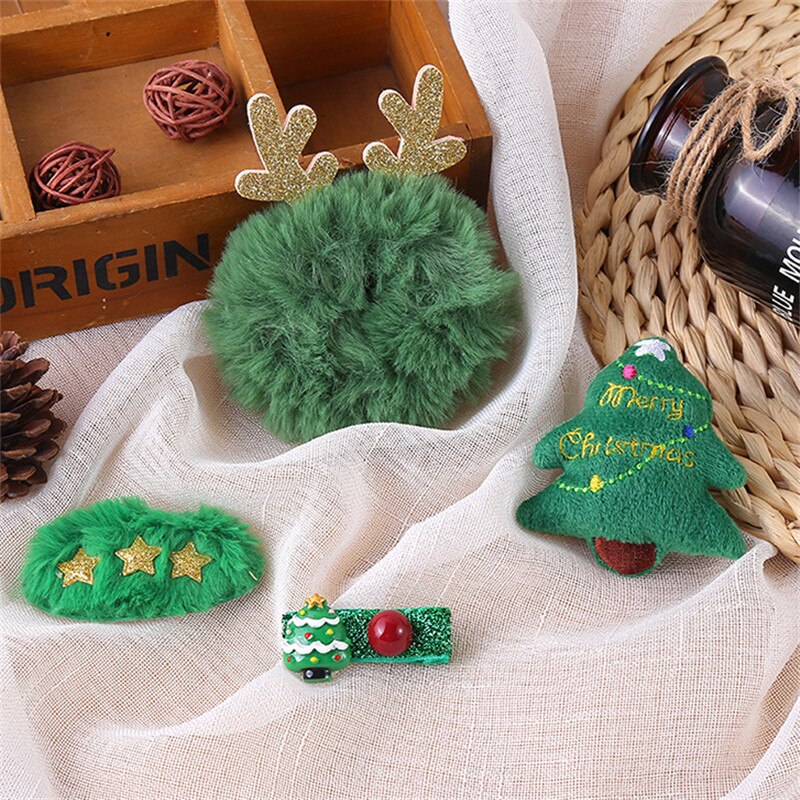 Bonito 4 peça conjunto bebê menina natal hairpin dos desenhos animados fecho decorativo elegante elk santa árvore de pelúcia crianças presente acessório do cabelo