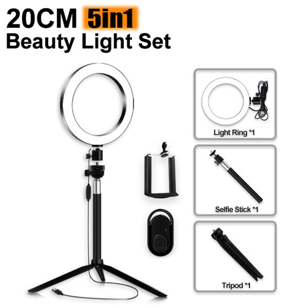 5 in 1 LED ring light 20 cm dimmable USB light for photography camera studio makeup telescopic tripod selfie frame