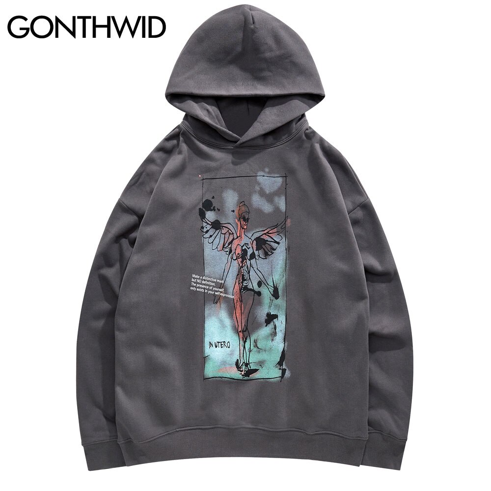 GONTHWID Graffiti Wings Angel Print Fleece Hoodies Sweatshirts Streetwear Hip Hop Casual Loose Hooded Tops Mens Outwear