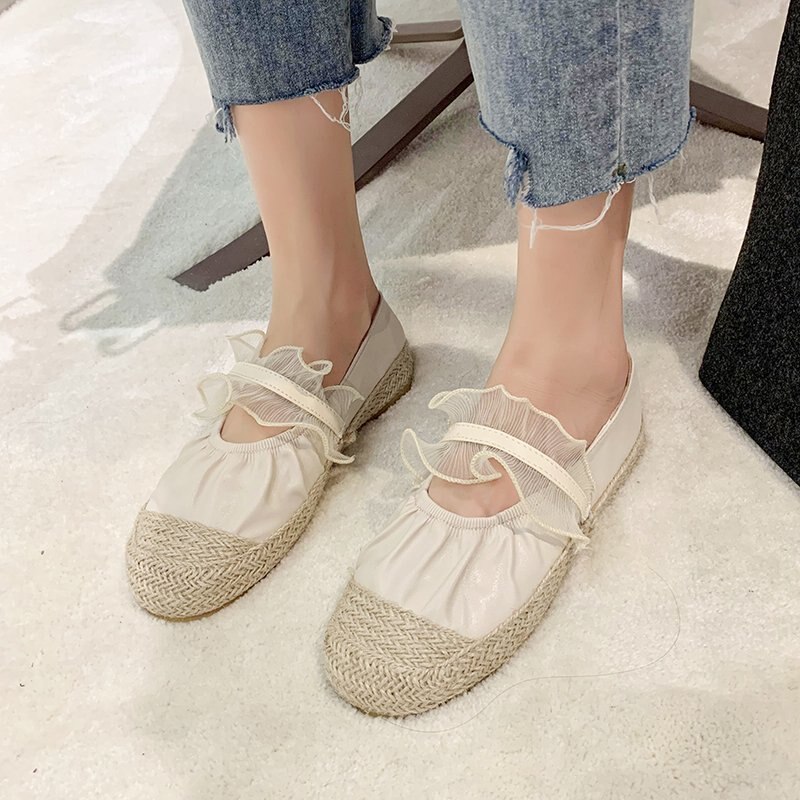 Hemp knitted cover toe flats pleated ballet shoes women preppy patchwork loafers lacework elastic band ballerina espadrilles 42: Beige / 37