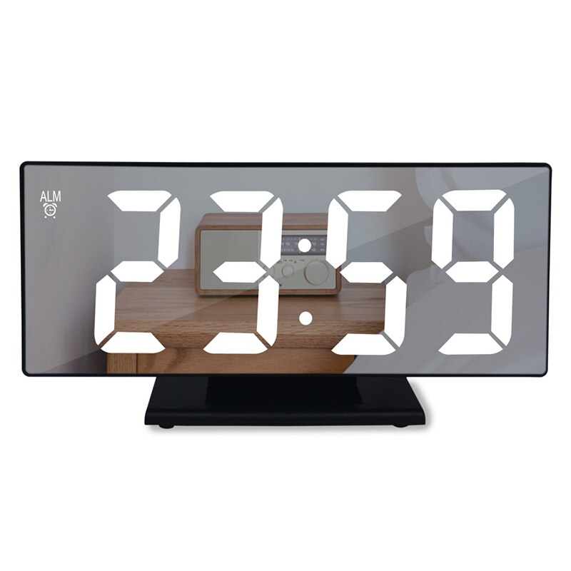 Bedside Mirror Alarm Clock LED Digital Time Display Snooze Temperature Adjustment Light Battery Operated Makeup Mirror Clock