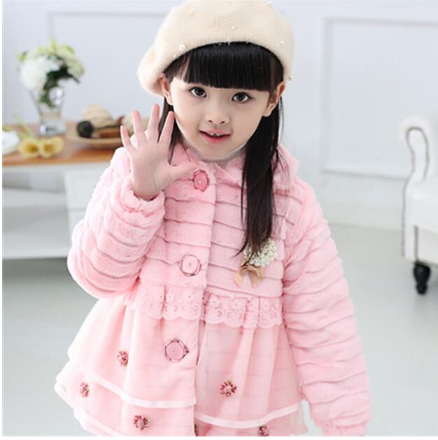 Meisjes Bontjas Kleding Met Parel Kanten Bloem Herfst Winter Dragen Kindje Kinderen Faux Fur Jurk Jurken Stijl Jas: pink / 12m