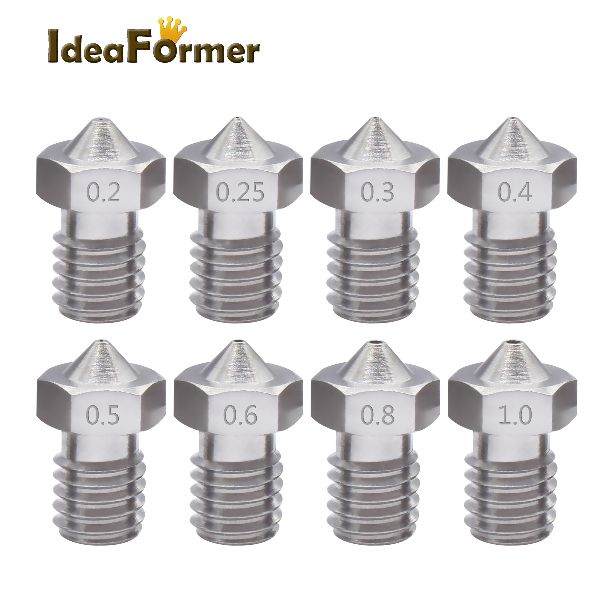 5Pcs E3D Stainless Steel V6 Nozzle M6 Thread 0.2/0.25/0.3/04/0.5/0.6/0.8/1.0mm for 3D Printer 1.75/3.0mm Filament V5 V6 End