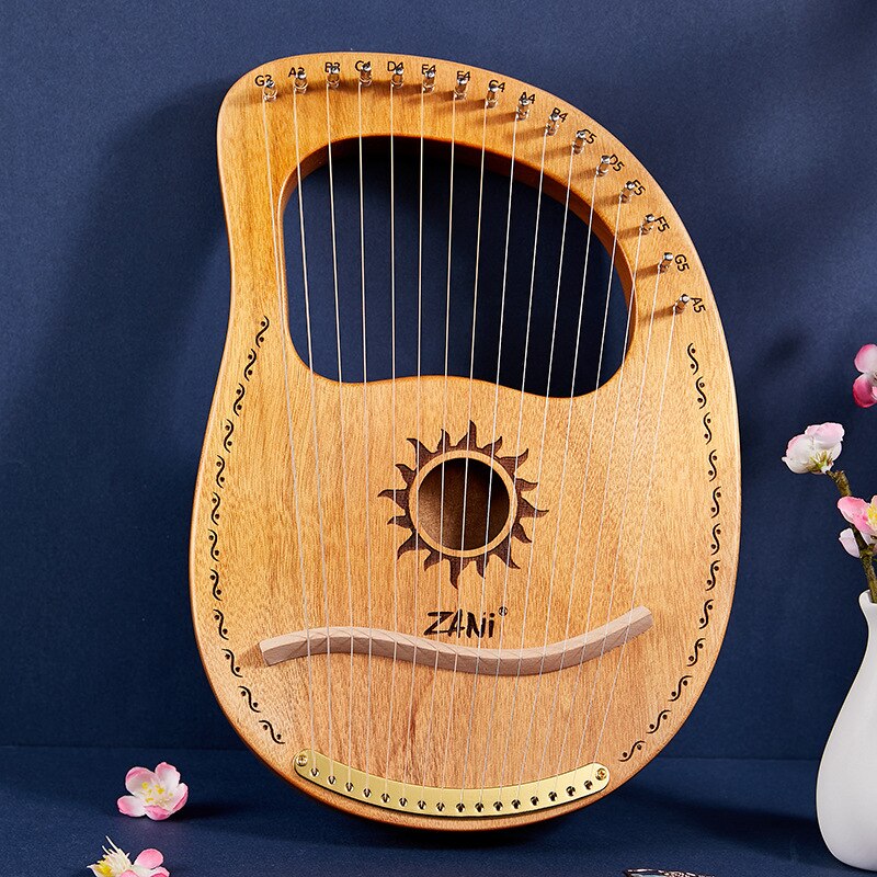 Solid Wooden Entertainment Wooden Lyre Harp Sun God Pattern With Tuning Tool Wrench Cleaning Cloth Metal Strings: 16 strings type A