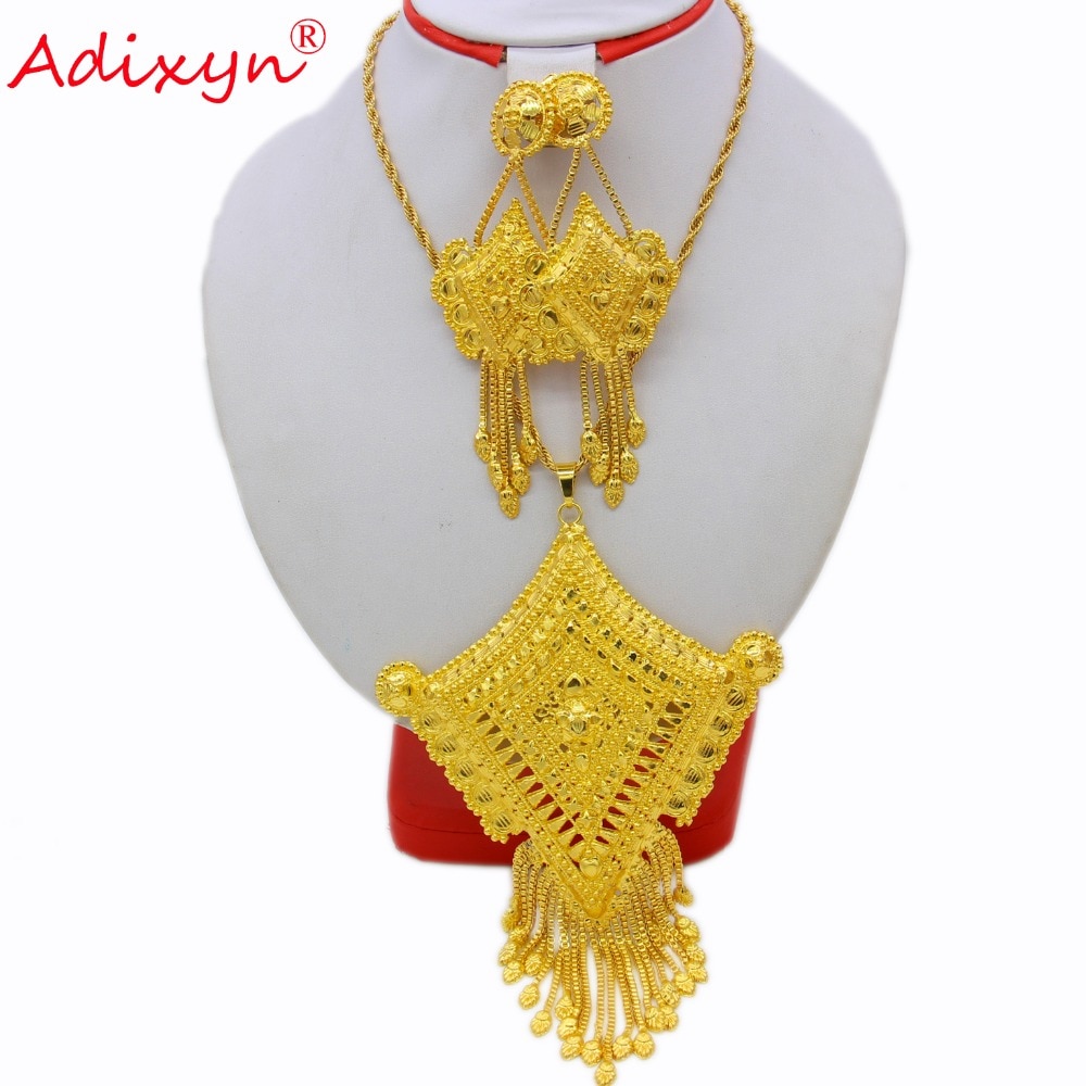 Adixyn Quadrilateral Shape India Necklace/Pendant/Earrings Jewelry Set For Women Gold Color African Party free box N12174