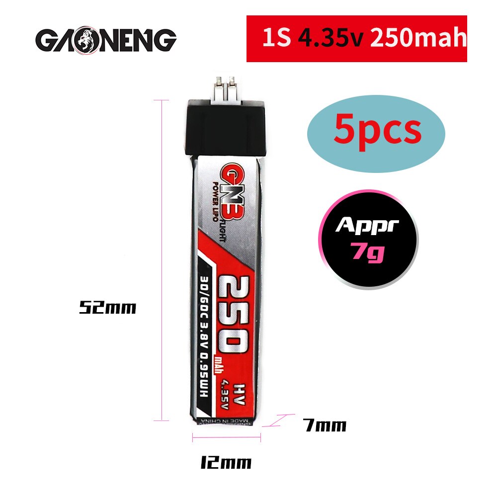 Gaoneng GNB HV 250mAh 1S 30C 60C 3.7V 4.35V HV with PH2.0 Plug Connector Indoor Hollow Cup Airplane Lipo Battery: 4.35V 5pcs PH2.0