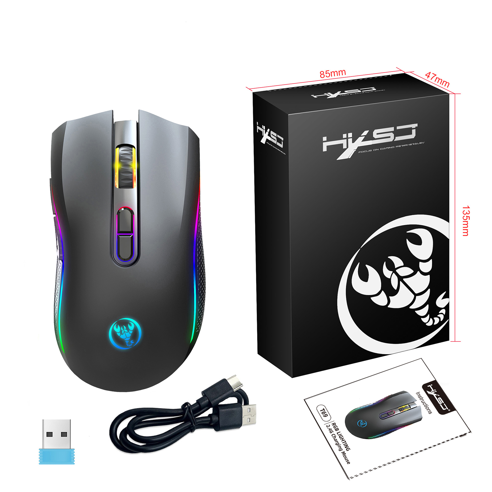 HXSJ T69 2.4G bezprzewodowa mysz mechaniczna mysz do gier RGB ergonomiczna 7 programowalnych przycisków mysz 4800 DPI dla graczy biurowych: Black