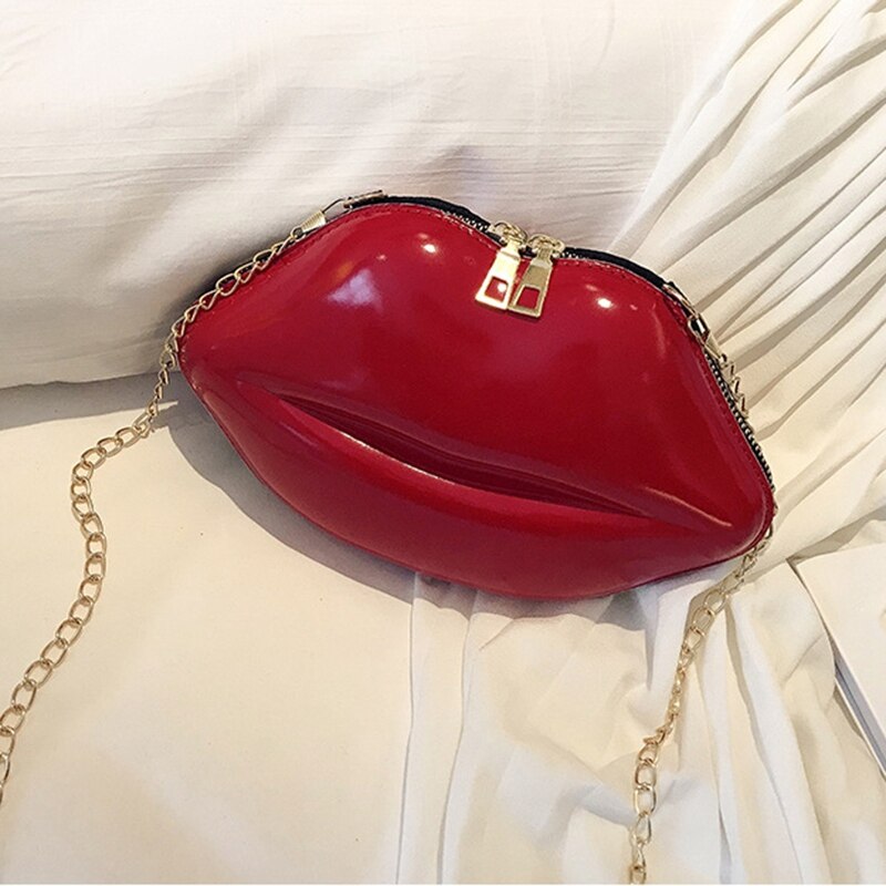 Bolso de mano con forma de labios rojos para mujer, bandolera de piel sintética con cadena, bolso de noche con forma de labios