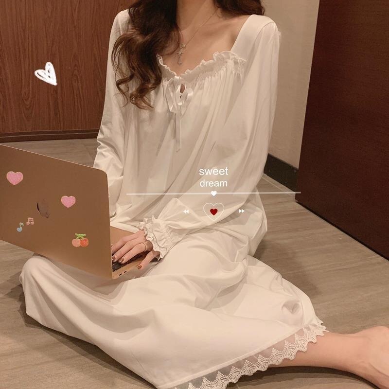 Kobiety robić połowy łydki koszule nocne jednolity kolor, w kwadraty, z kołnierzem z długim rękawem sznurkiem falbany luźna w stylu retro nowa elegancka francuska zwykły Ulzzang Sznurówka