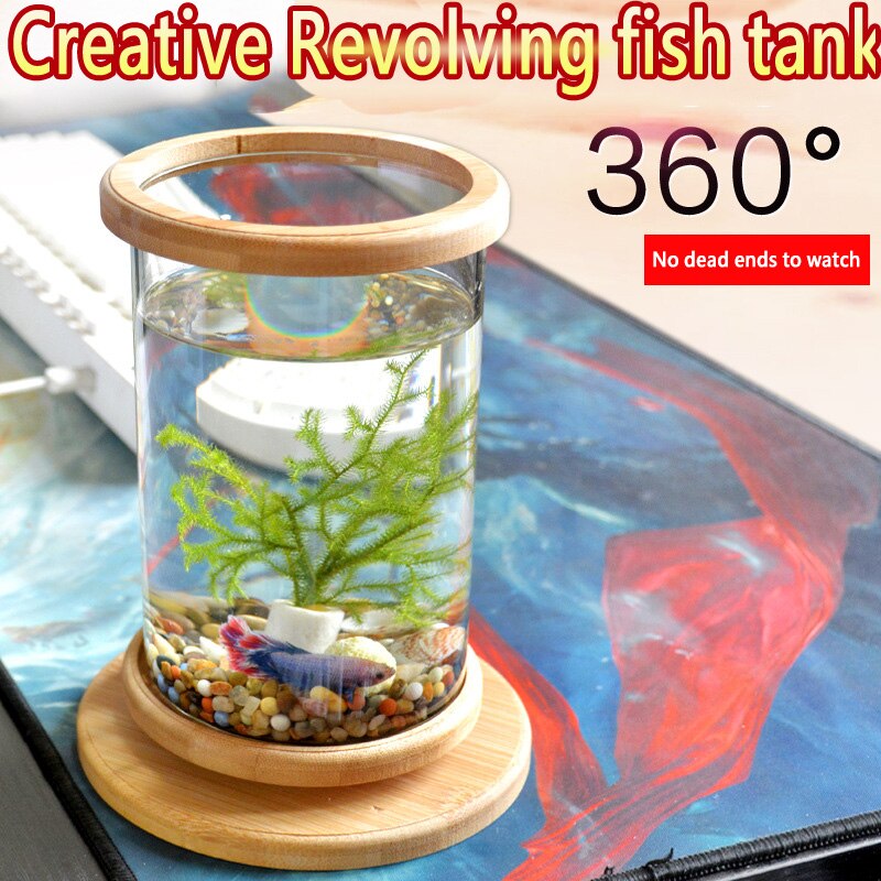 Viskom van massief hout, kan 360 graden draaien, klein aquarium, goudvis, betta, aquariumdecoratie