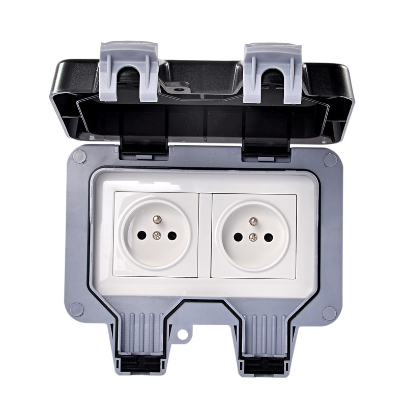 IP66 European Standard Waterproof Dual Power Socket Outlet Outdoor 16A 250V Wall Waterproof Dust-proof Electrical Outlet