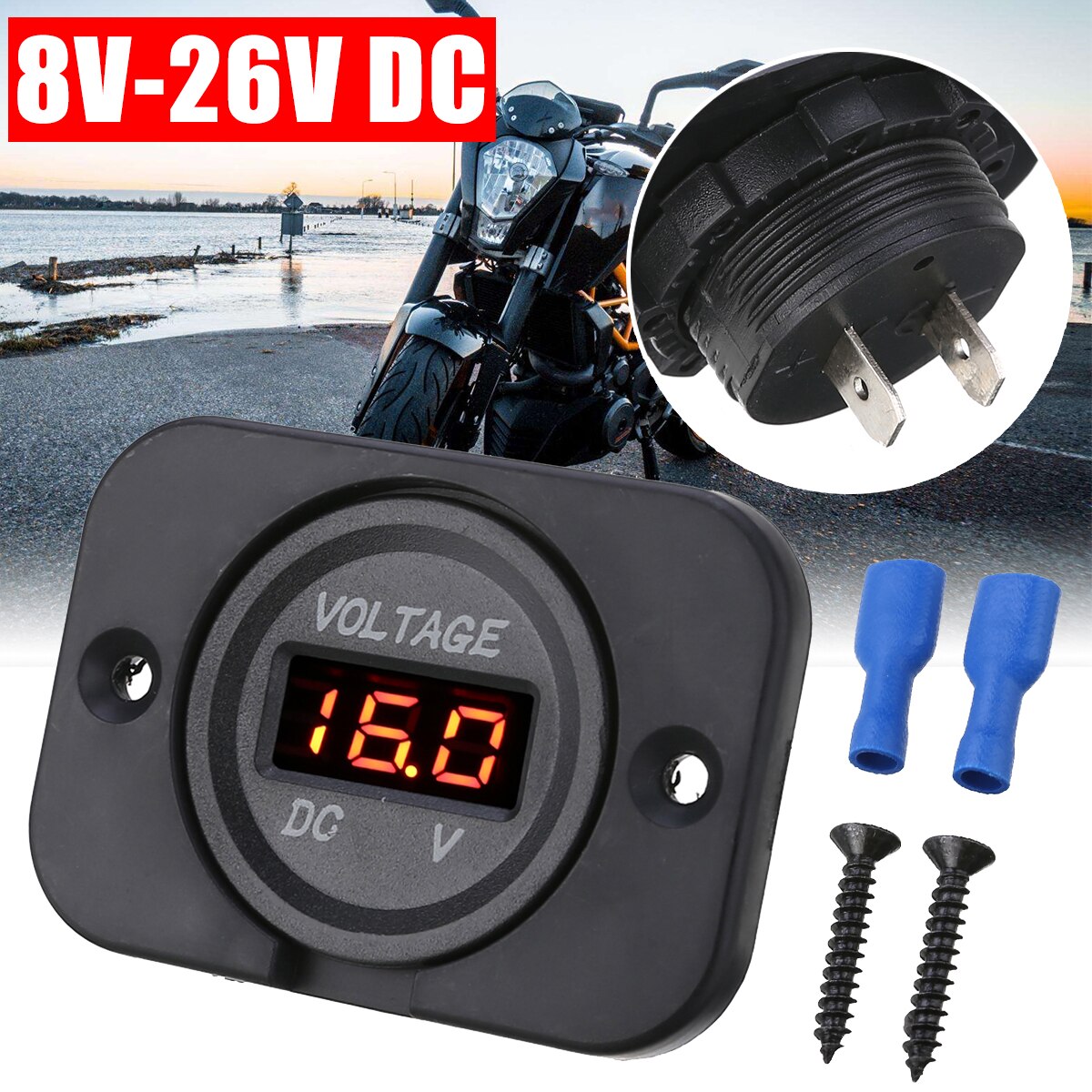 Panel voltímetro Digital para coche y motocicleta, medidor de voltaje para coches, ATV, 12V-24V, LED rojo, CC, 1 ud.