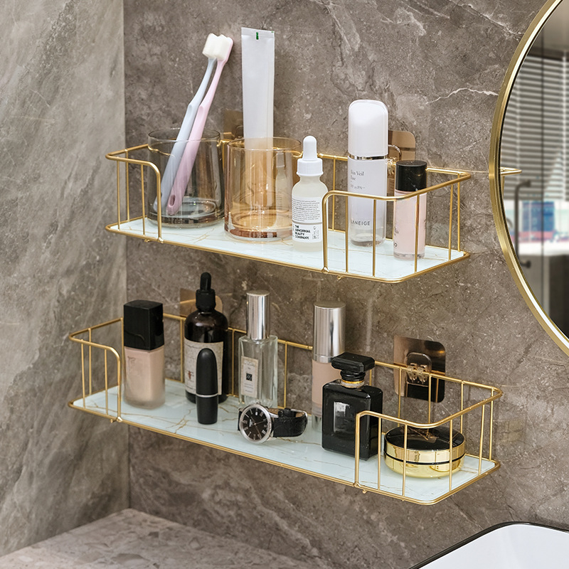 Luxuriöses Badezimmerregal ohne Bohren, Eisen-Wandregal mit Glasplatte Ich bin Marmor-Stil, machen-hoch-Aufbewahrungsregal, Badezimmer-Accessoires