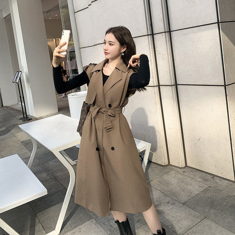 Trench-coat sans manches pour femmes, ceinture de printemps, couleur Pure, passe-partout, de rue, coupe-vent, Style coréen Ins