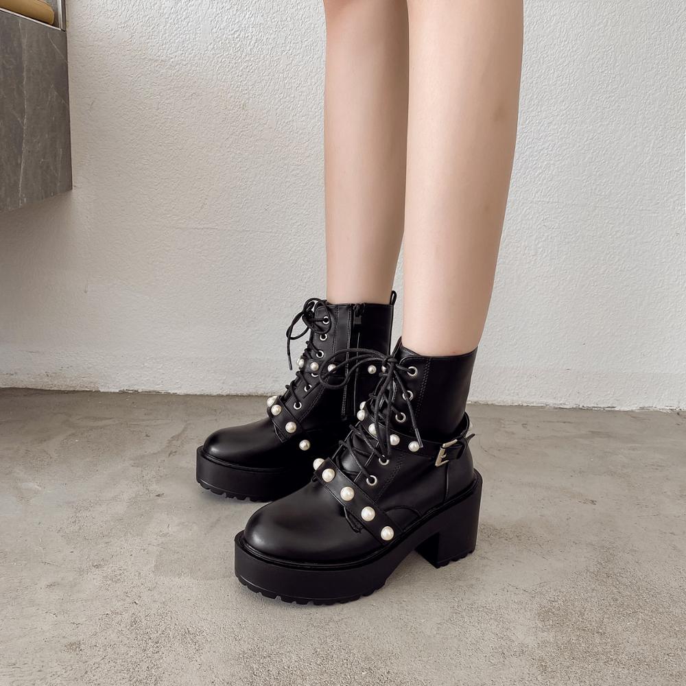Parel gesp riem laarzen dames schoenen dikke hakken europese enkel korte laarzen kruisgestrikte rits hoge hakken laarzen van vrouwen