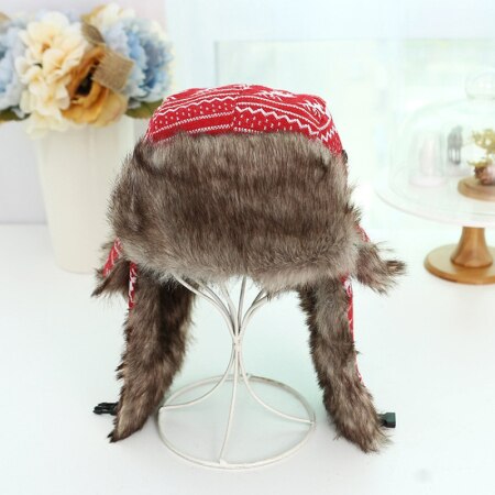 HT353-gorro de estilo ruso con aleta de nieve para hombre y mujer, gorro de bombardero de piel sintética con solapa de oreja, para invierno: Red 2 Colors Fur