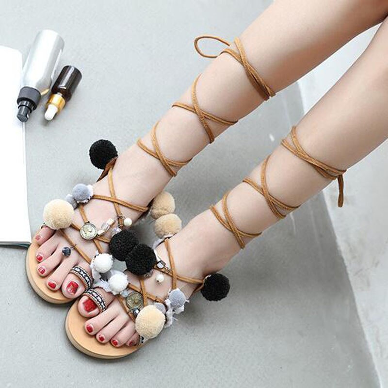 Pom Pom Gladiator Bohemia Sandals Women Lace up Knee High Flat Sandal Women Shoe Summer Apricot M999-17: 8.5