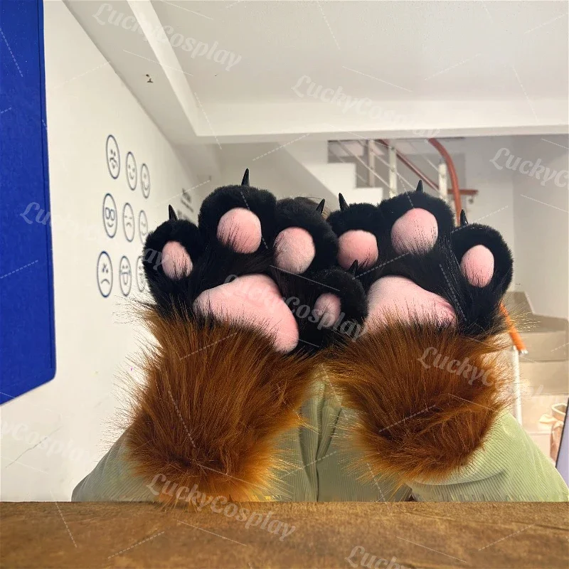 Furry Paws Gloves Fursuit Cosplay Kigurumi Cat Squawk Cartoon Plush Animal Nail Claws Full Finger Mittens Story Tell Original
