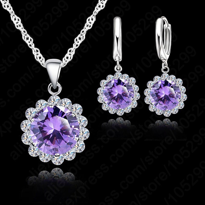 Wedding 925 Sterling Silver Jewelry Sets Women Round Crystal Pendant Necklace Earring Set Price 7 Color Be Chose: Model 31