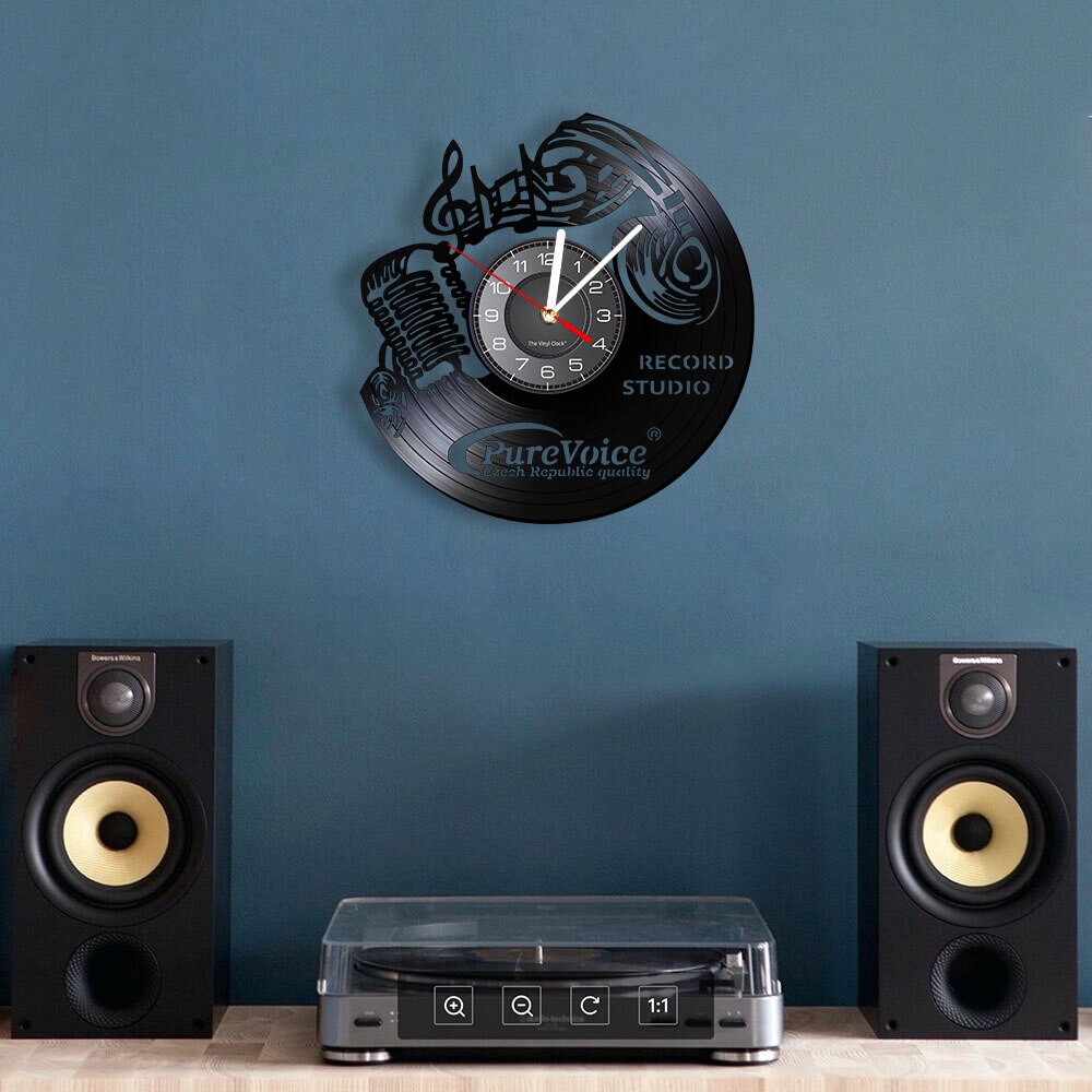 Musik Anmerkungen Mauer Kunst Violinschlüssel Vinyl aufzeichnen Wanduhr Musik Kunst Jahrgang Uhr Uhr Felsen n rollen Headset Mikrofon Zauberstab Licht