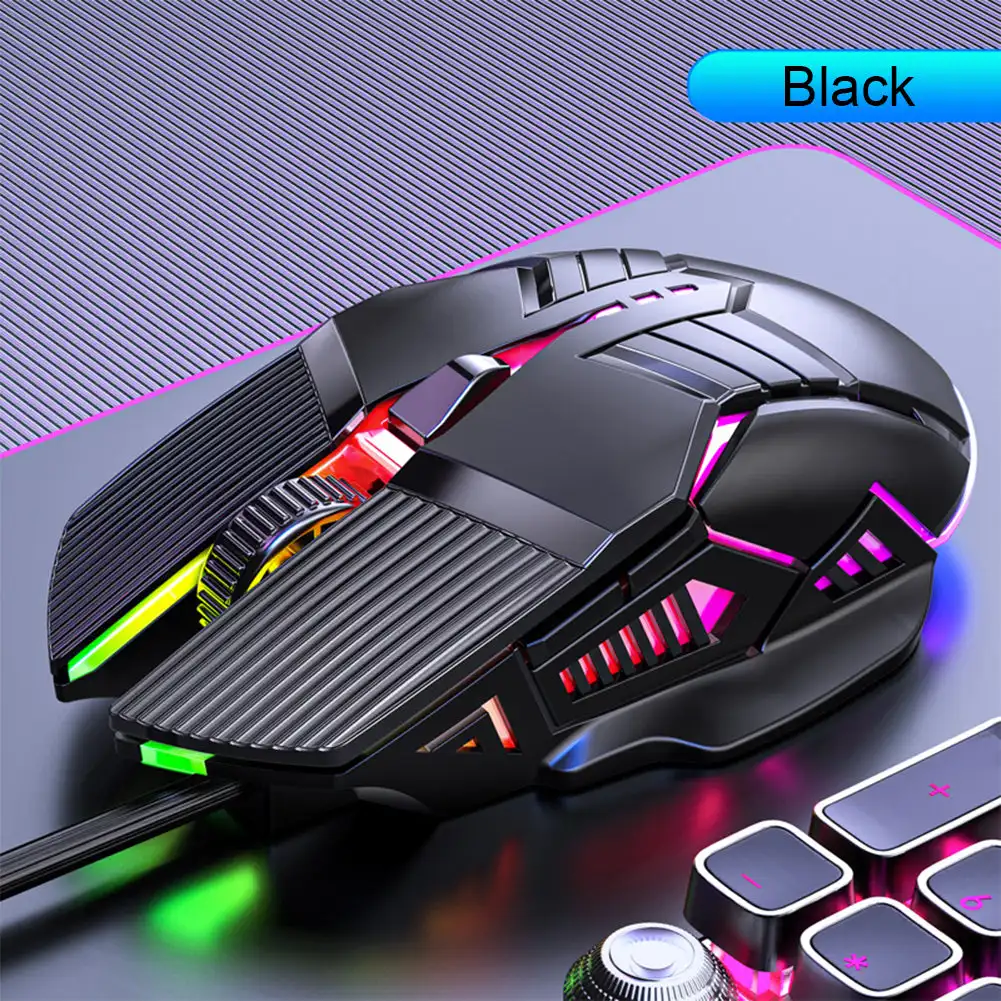 Ergonomisk kablet spillmus usb datamus søle rgb mause gamermus 6- knapps ledet stille mus til pc bærbar pc: Svart