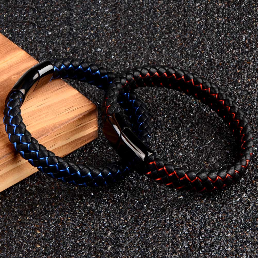 Mode Roestvrij Staal Lederen Armband Magnetische Sluiting Charm Handgemaakte Gevlochten Streep Armbanden Voor Mannen