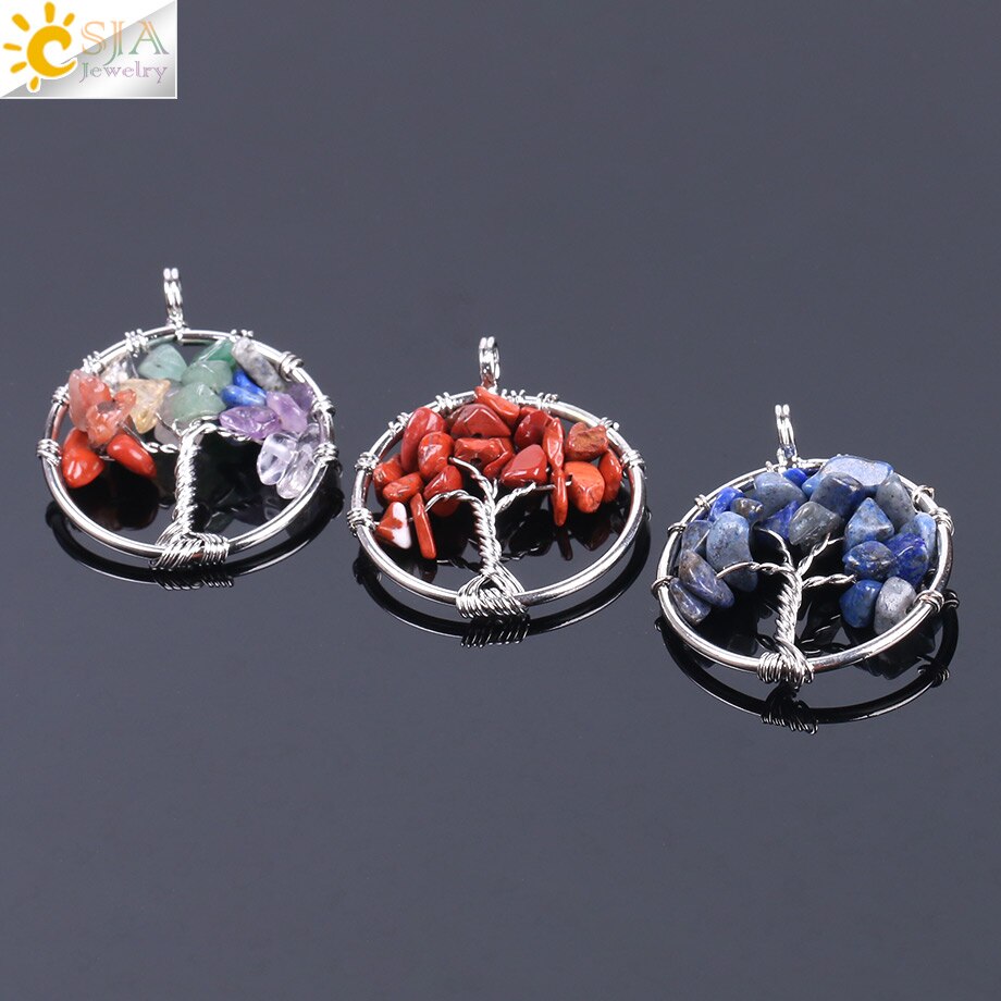 CSJA Tree of Life Necklace &amp; Pendant Silver Color Crystal Natural Gem Stone Chip Beads 7 Chakra Wire Wrapped Women Jewelry F141