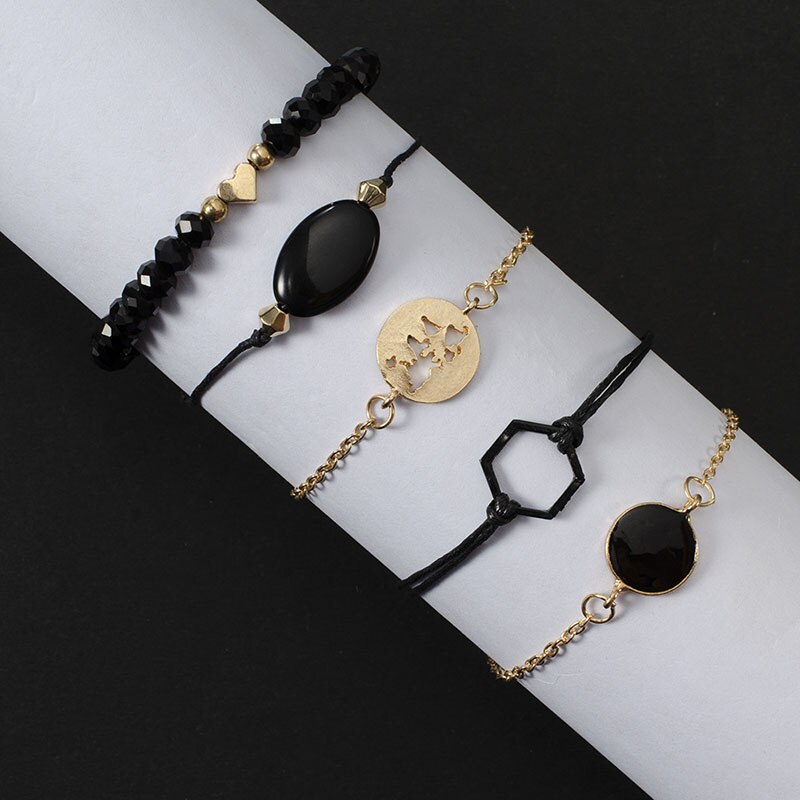 5 Pcs/ Set Black Beads Charm Bracelets Set for Women Geometric Hexagon Black Coin Charm Braclets Bracelets Woman