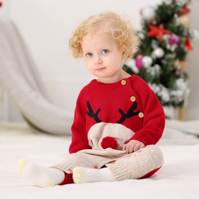 1pcs Knitted Cartoon Deer Romper Christmas Sweater Cartoon Christmas Elk Jumpsuits For Boys And Girls