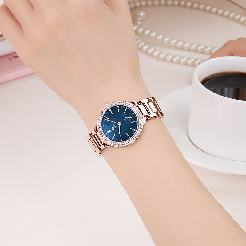 WWOOR – montre-Bracelet en acier inoxydable pour femmes, de luxe, diamant, or Rose, cadran bleu, Quartz