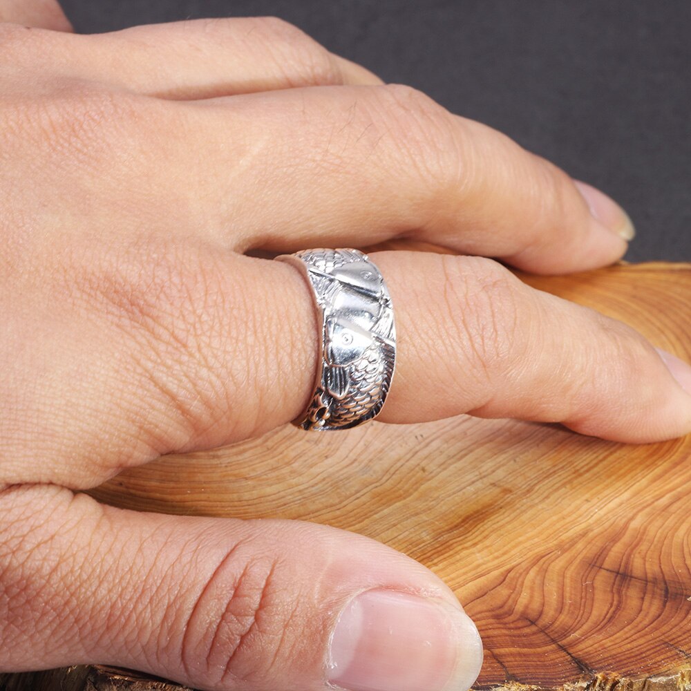 Anillos con forma de pescado para hombre y mujer, anillos con doble grabado, joyería de plata de ley 925 auténtica, para parejas