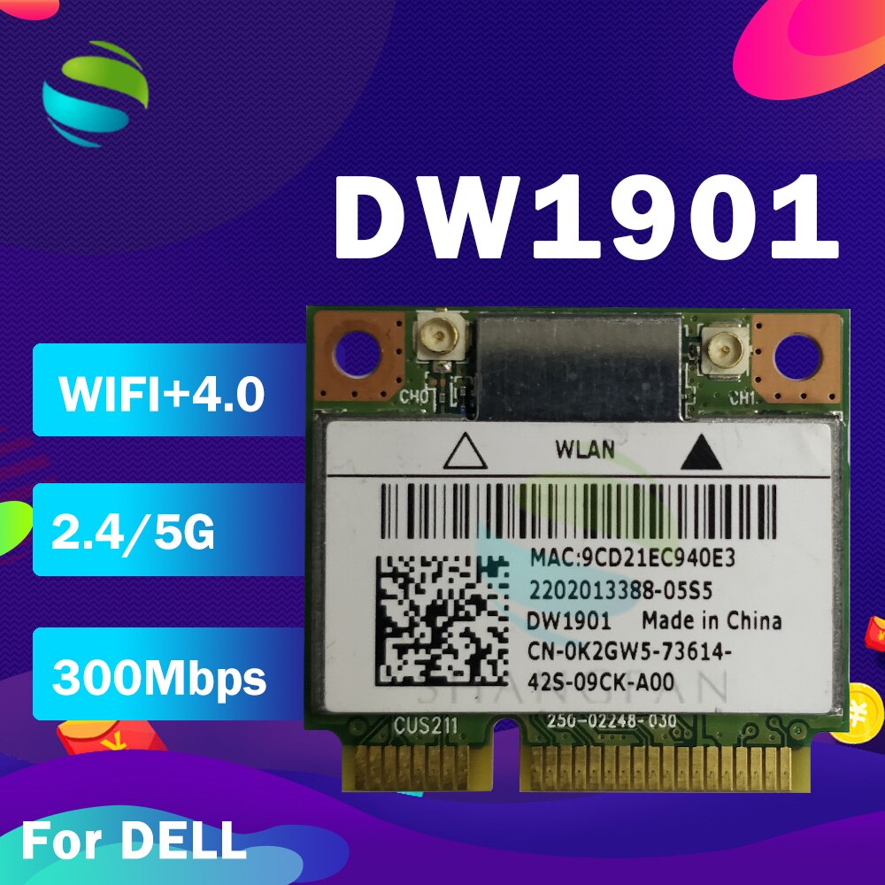 Atheros AR9462 AR5B22 WB222 DW1901 CTJ7G KWGW5 300M BT4.0 Half Mini Pcie wireless card per DELL 15R 17R 14TR 15TR M521R