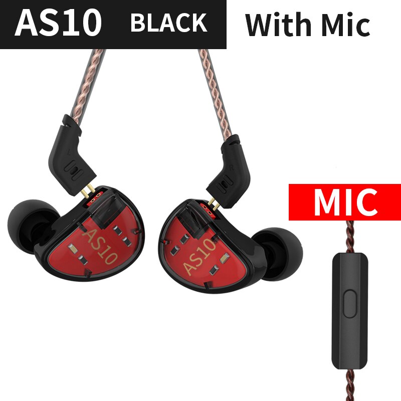 Kz  as10 5ba in ear øretelefon hifi monitor headset musik øretelefon generelt  zs10 pro  as12 as16 zsx  v90 c12 c10 a10 ba5 zsn: Sort med mikrofon