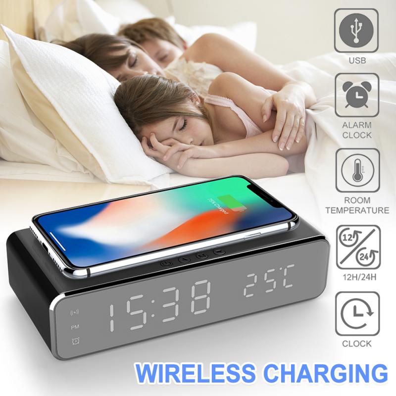 LED Electric Alarm Clock With Phone Charger Wireless Desktop Digital Thermometer Clock HD Clock Mirror With Time Memory