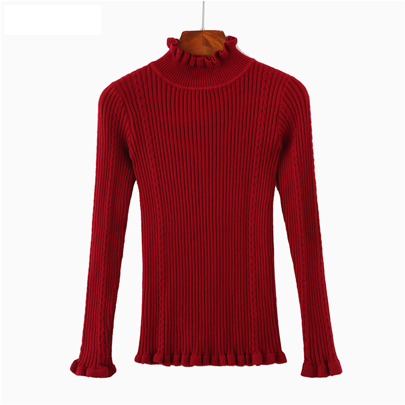 Wood Ears Turtleneck Solid Cotton Knitted Autumn Sheath Purple Sweater Women Long Sleeve Winter Casual Slim Pullover Tops: Burgundy