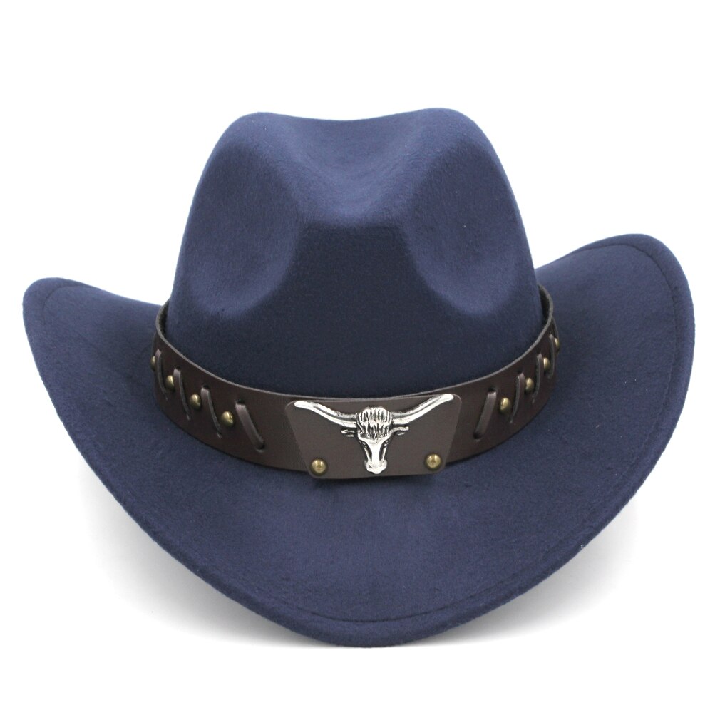 Mistdawn Womem Men Wool Blend Western Cowboy Hat Wide Brim Cowgirl Jazz Sombrero Cap Tauren Leather Band: Navy Blue