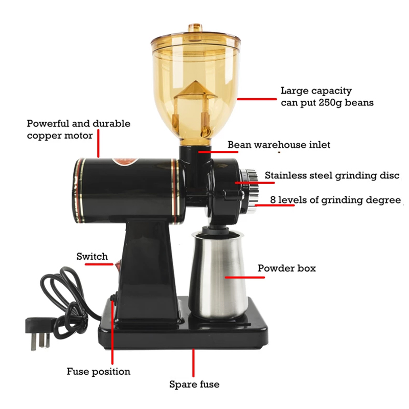 YTK 250g Small Electric Coffee Grinder Coffee Bean Mill Commercial Single Product Coffee Bean Flat Burrs Grinder 220V 110V