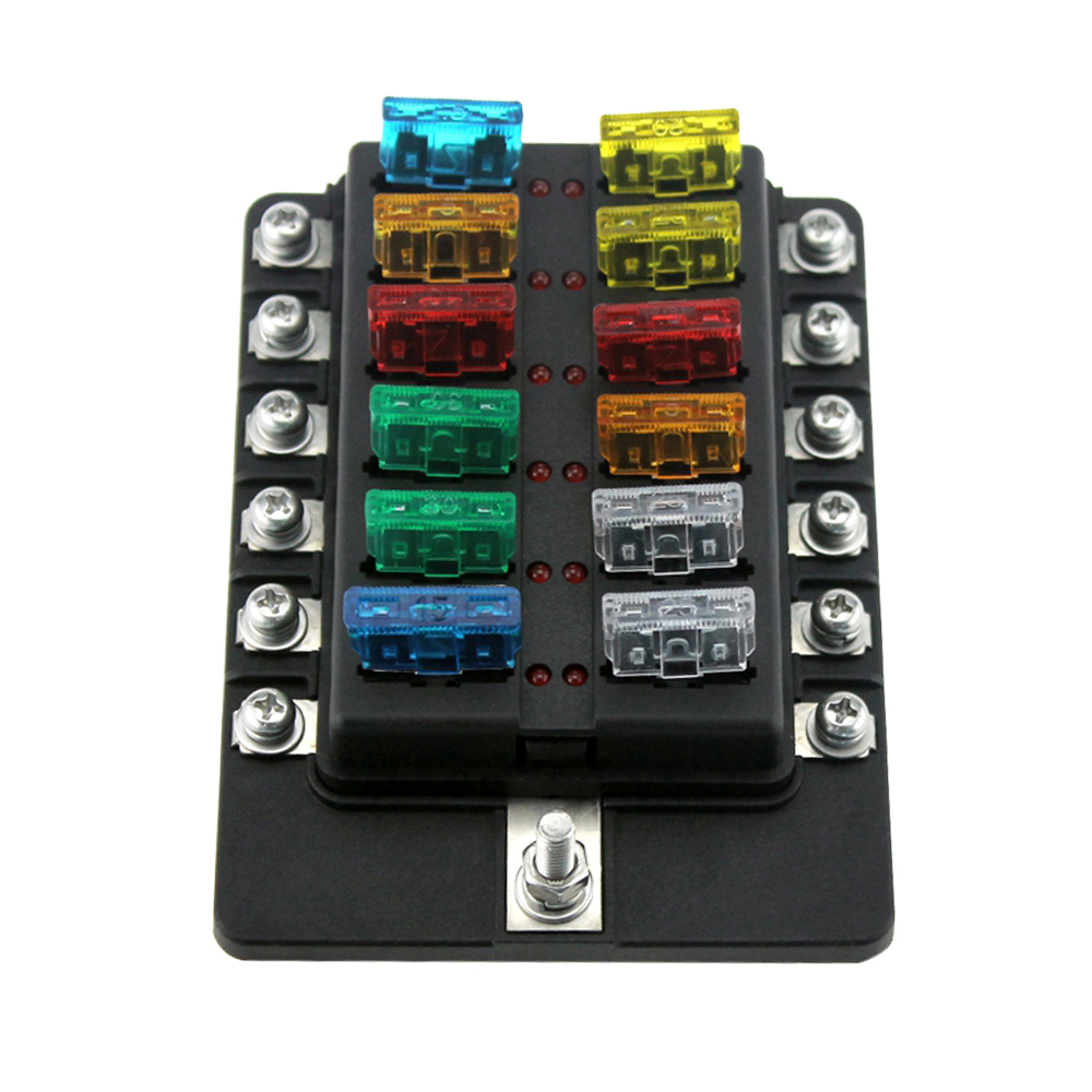 12 Way Blade Fuse Box Holder Fuse Blocks with Red LED Indicator 10Pcs Terminals for Car Boat Marine Caravan Truck 12V 24V