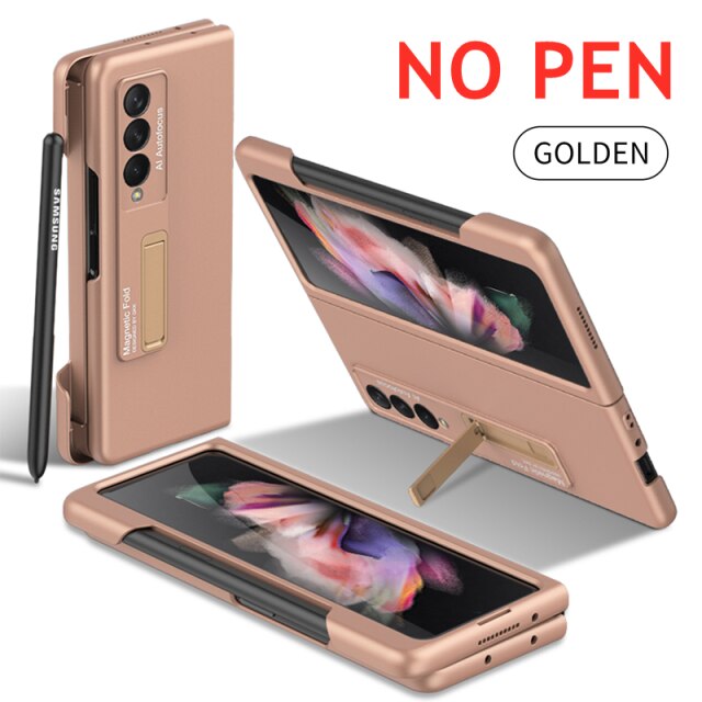 Magnetische Kickstand Pen Houder Slot Case Voor Samsung Galaxy Z Vouw 3 Case Met Mobiele Telefoon Stylus Pen Matte Hard pc Cover: Rose Gold NO  Pen