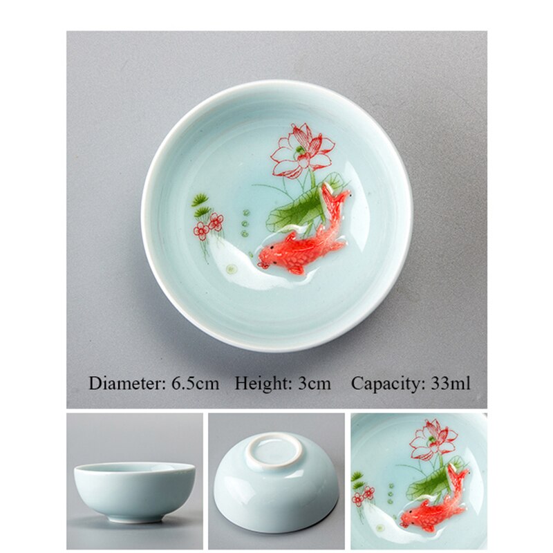Chinees Porselein Tea Kopjes Sets Reizen Keramische Groene Thee Cup Smaak Kung Fu Thee Kom Ceremonie Celadon Vis Theekopje Theewaar: A02 6.5x3cm 33ml