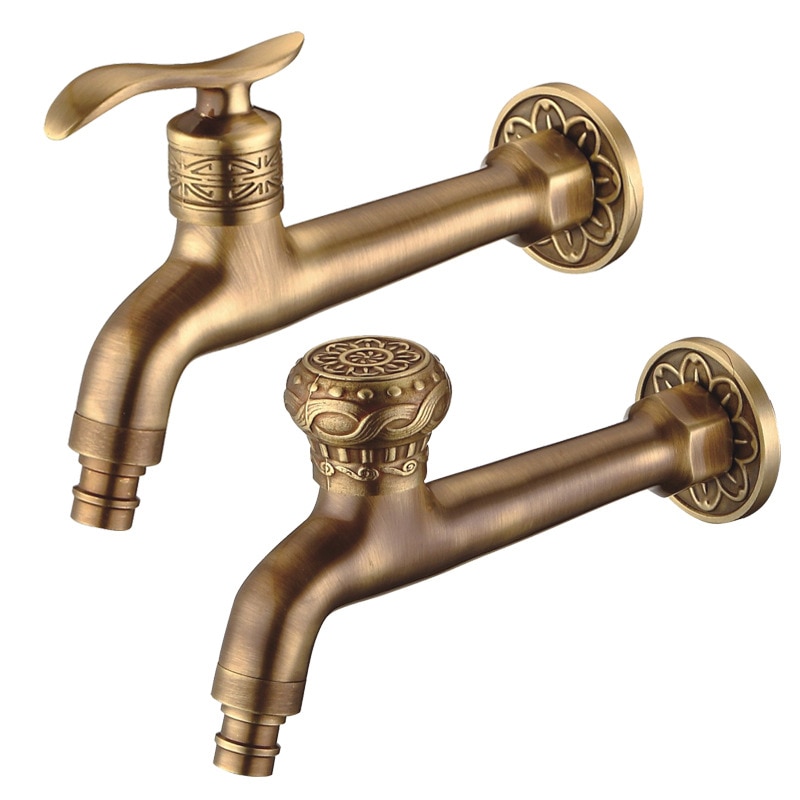Carved Wall Mount Bibcock Brass Retro Tap Decorative Outdoor Garden Taps Washing Machine Mop Luxury Antique WC Faucet