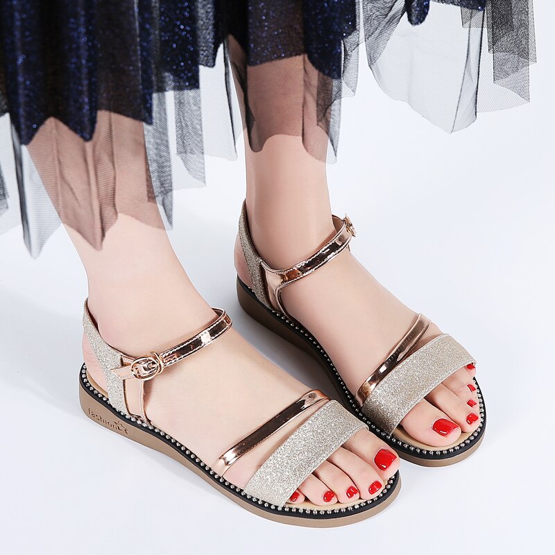 Stq sommer kvinder sandaler sort guld flade sandaler kvinder gummi strand flip flops damer flad hæl gladiator sandaler  yy366