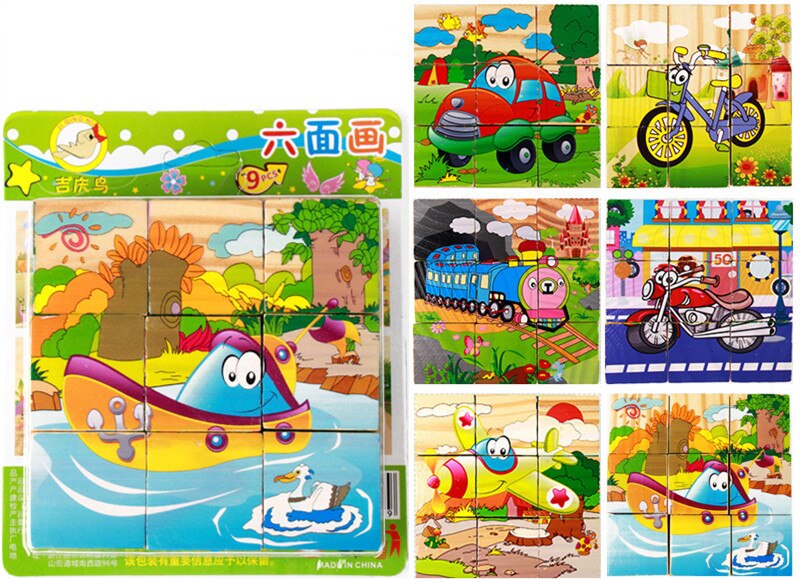 1PC Kinder Cartoon Holz Neun Blöcke Sechs-seitige Weisheit 3D Tier Würfel Puzzle Spielzeug für Kinder Bildungs baby Spielzeug: Transportation