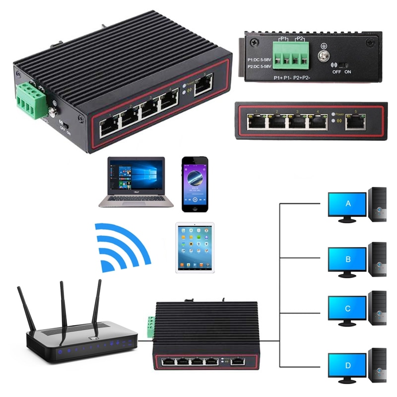 5-Port RJ45 10/100M Ethernet Desktop Switch Hubs Network Laptop DIN Rail Type: Default Title
